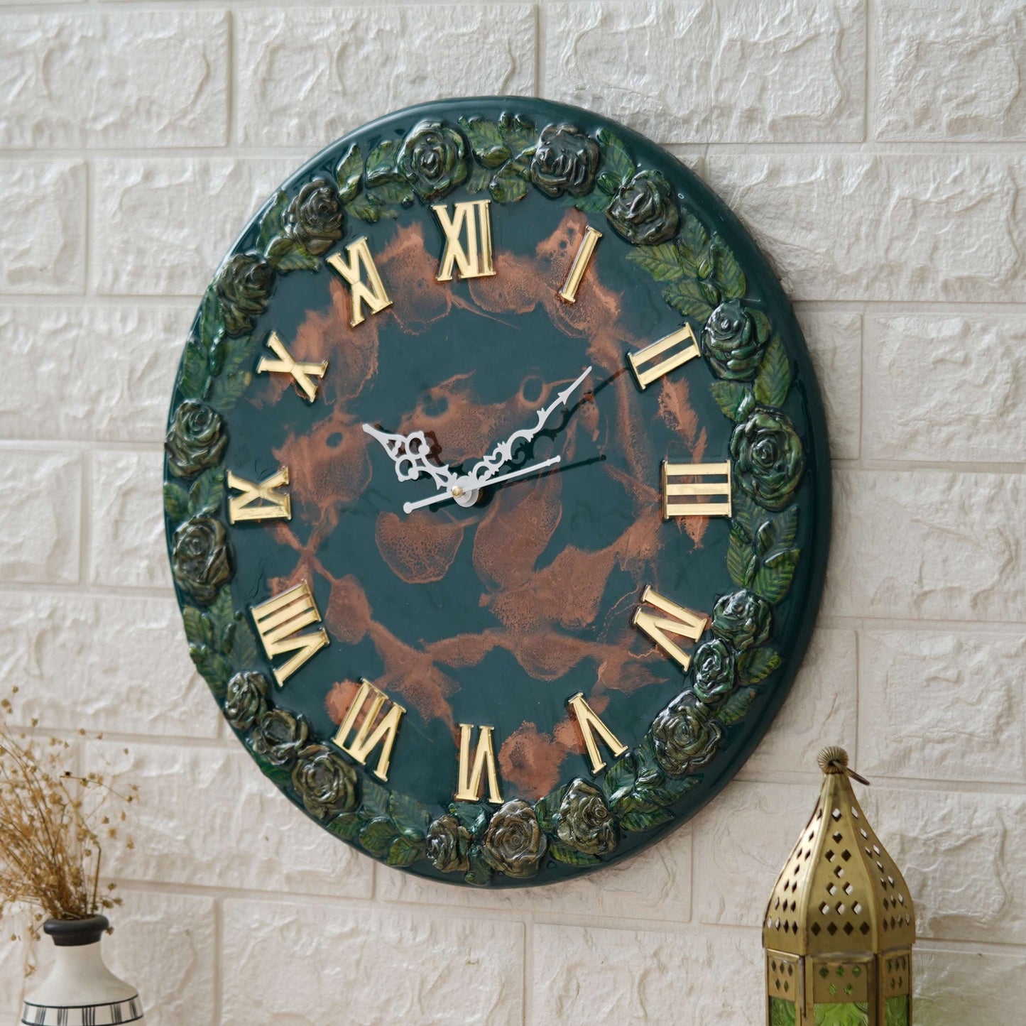 Swastik Trend Point Exquisite Wooden Handmade Wall Clock Green With Brown Printed Acrylic Wall Clock for Home & Office Decorative Big Size Clock (16 Inch) SWASTIK CREATIONS The Trend Point