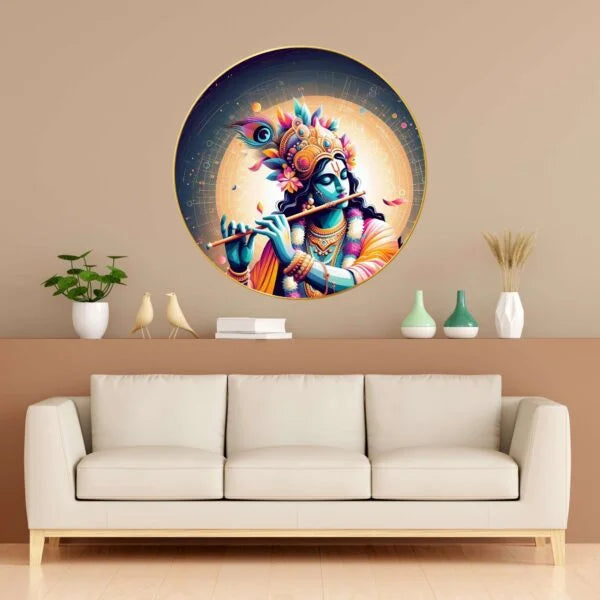 CH-RKR17 Krishna Wall Painting for Wall Decoration with Frame Sparkle Glossy Round Golden Framed Large Painting Office, Living Room, Bedroom, Home Decoration SWASTIK CREATIONS The Trend Point