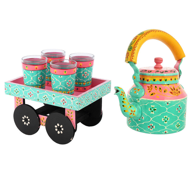 HandPainted Alluminium Tea Kettle with 6 Glasses and Wooden Tray For Home Décor , Tea Party , Serving (KT4-4) SWASTIK CREATIONS The Trend Point