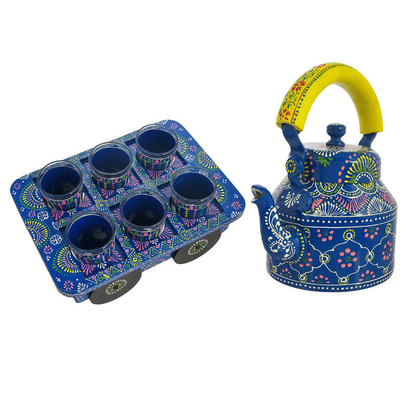 HandPainted Alluminium Tea Kettle with 6 Glasses and Wooden Tray For Home Décor , Tea Party , Serving (KT6-4) SWASTIK CREATIONS The Trend Point