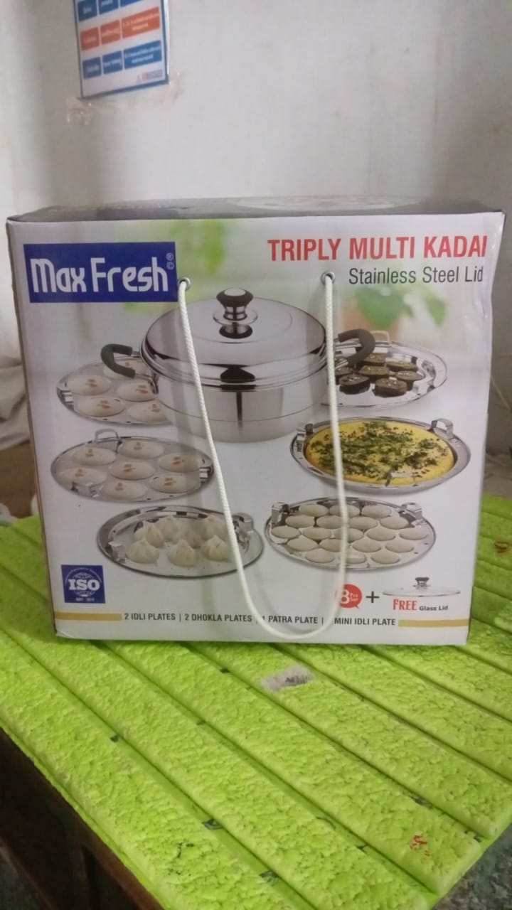 Stainless Steel Triply Multi Kadai idli, dhokla, Patra,  Mini idli plates, kadai with Lid  (8 Pcs Set / Free Glass Transparent Lid) SWASTIK CREATIONS The Trend Point