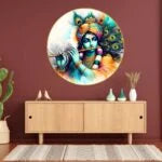 CH-RKR18 Krishna's Enchanting Flute and the Peacock Feather Painting with Frame Sparkle Glossy Round Golden Framed Large Painting Office, Living Room, Bedroom, Home Decoration SWASTIK CREATIONS The Trend Point