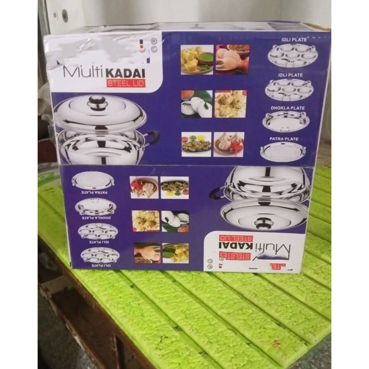 Stainless Steel Multi Kadai with 4 Plates in 1, 2 idli plates, 1 dhokla Plate, 1 Patra Plate, 1 kadai with 1 Lid (6 Pcs Set)