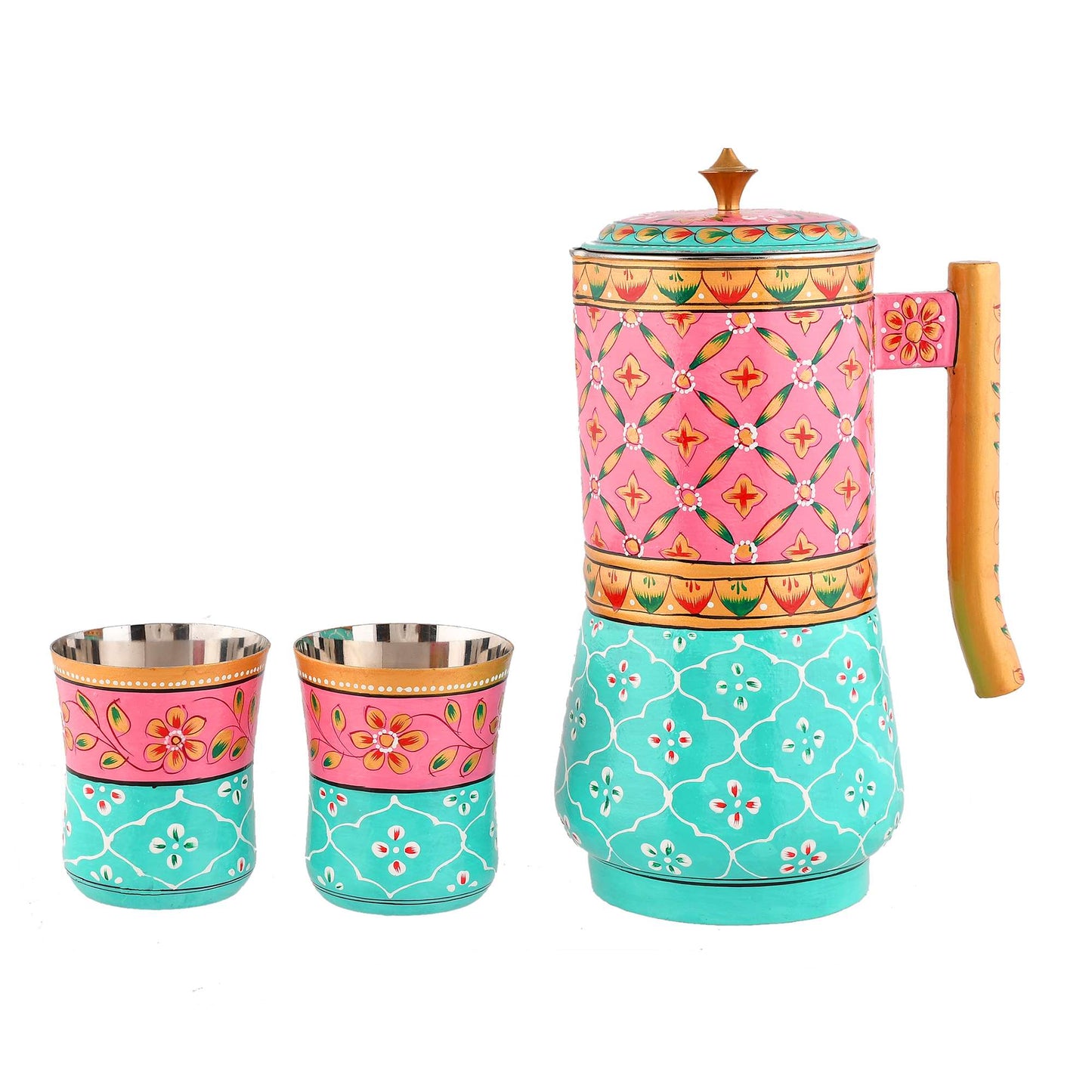 Aluminium Jug Set with 2 Glass Tumblers – 21 cm for kitchen décor ,Table Top , And Home Decoration (JG2-3) SWASTIK CREATIONS The Trend Point