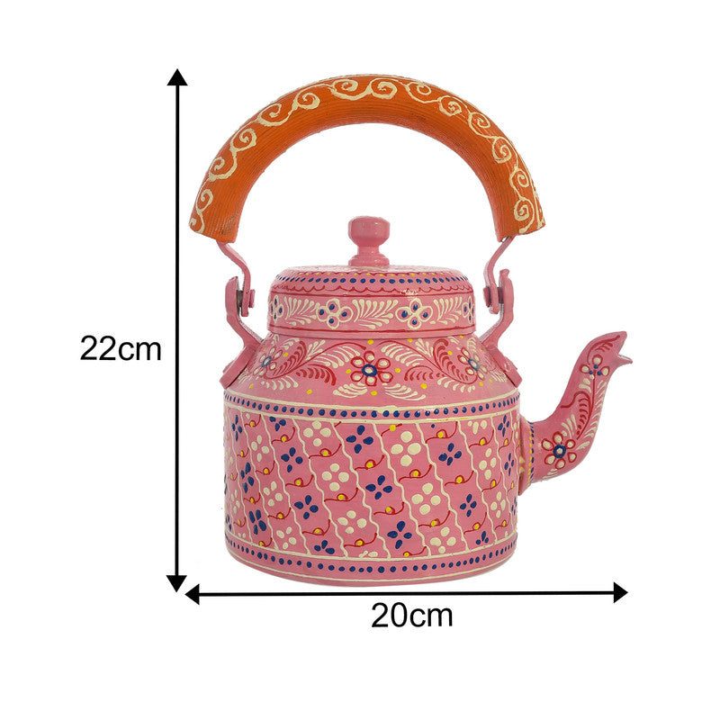 HandPainted Alluminium Tea Kettle with 6 Glasses and Wooden Tray For Home Décor , Tea Party , Serving (KT4-1)