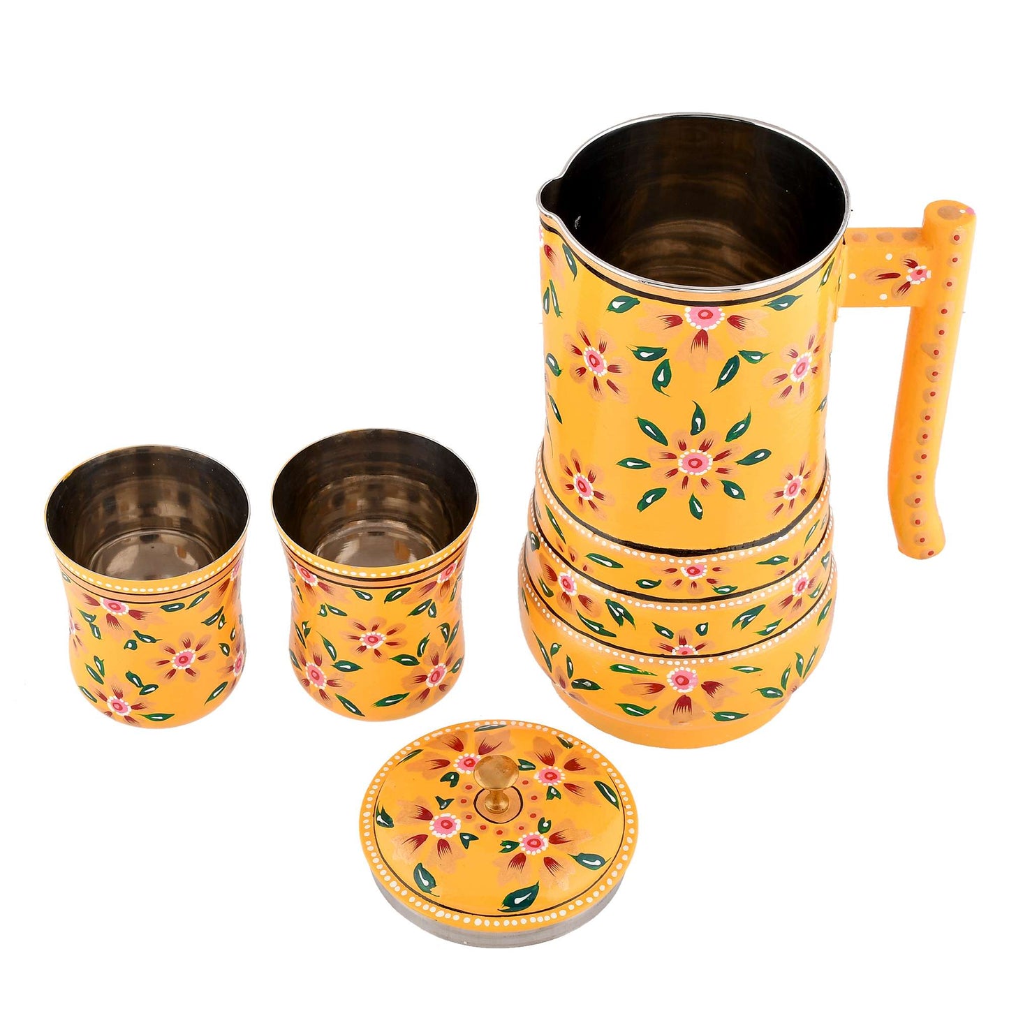 Aluminium Jug Set with 2 Glass Tumblers – 21 cm for kitchen décor ,Table Top , And Home Decoration (JG2-2) SWASTIK CREATIONS The Trend Point