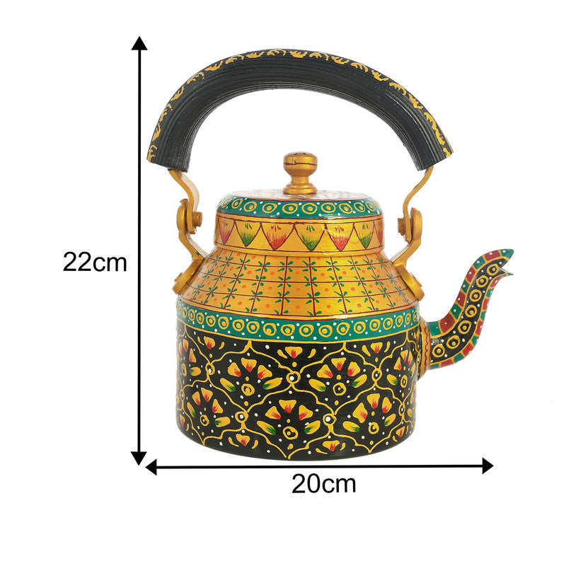 HandPainted Alluminium Tea Kettle with 6 Glasses and Wooden Tray For Home Décor , Tea Party , Serving (KT4-3) SWASTIK CREATIONS The Trend Point