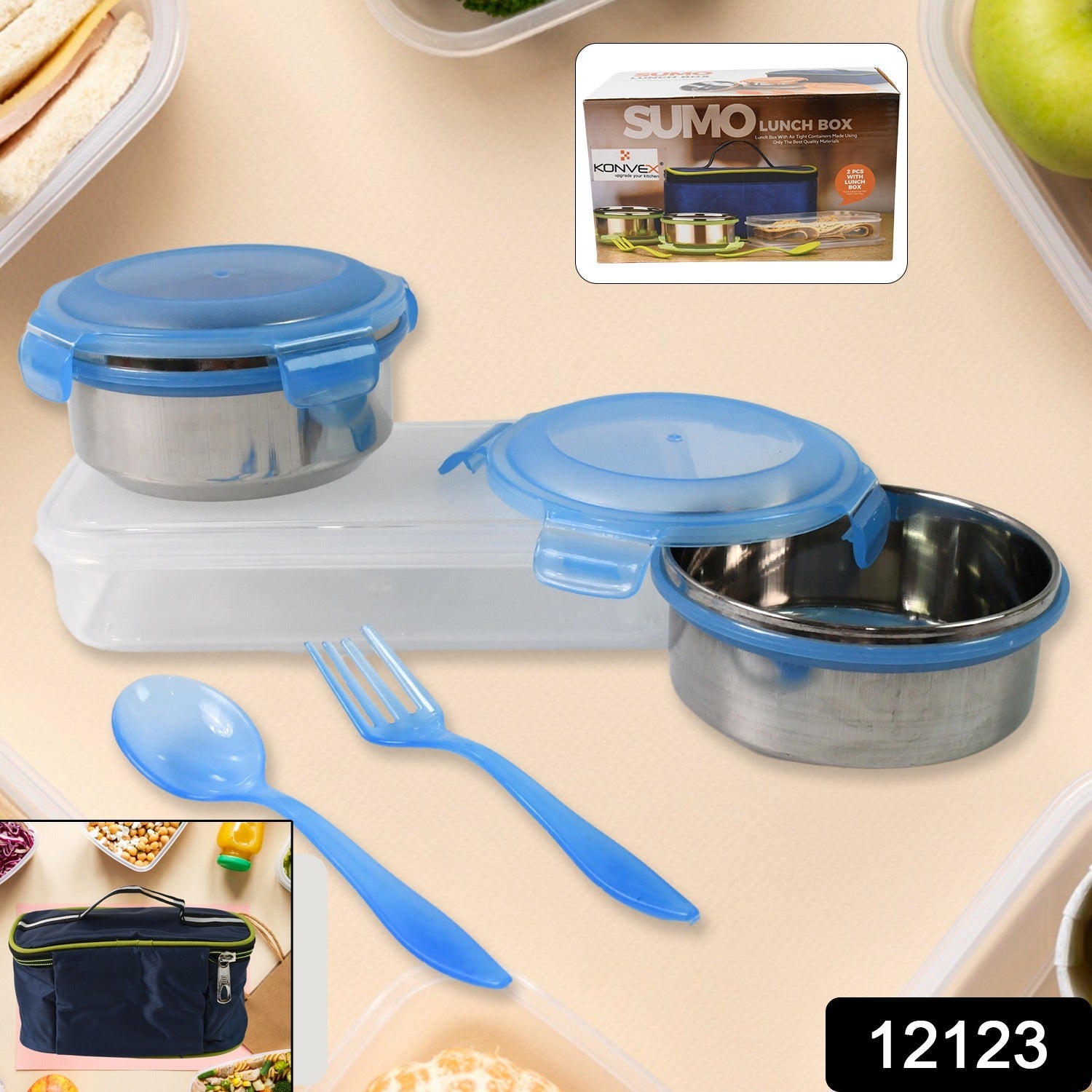 Sumo Lunch Box, with Lunch Bag, Plastic Lunch Box & Plastic Spoon, Fork (2 Pc Set / With Lunch Box)