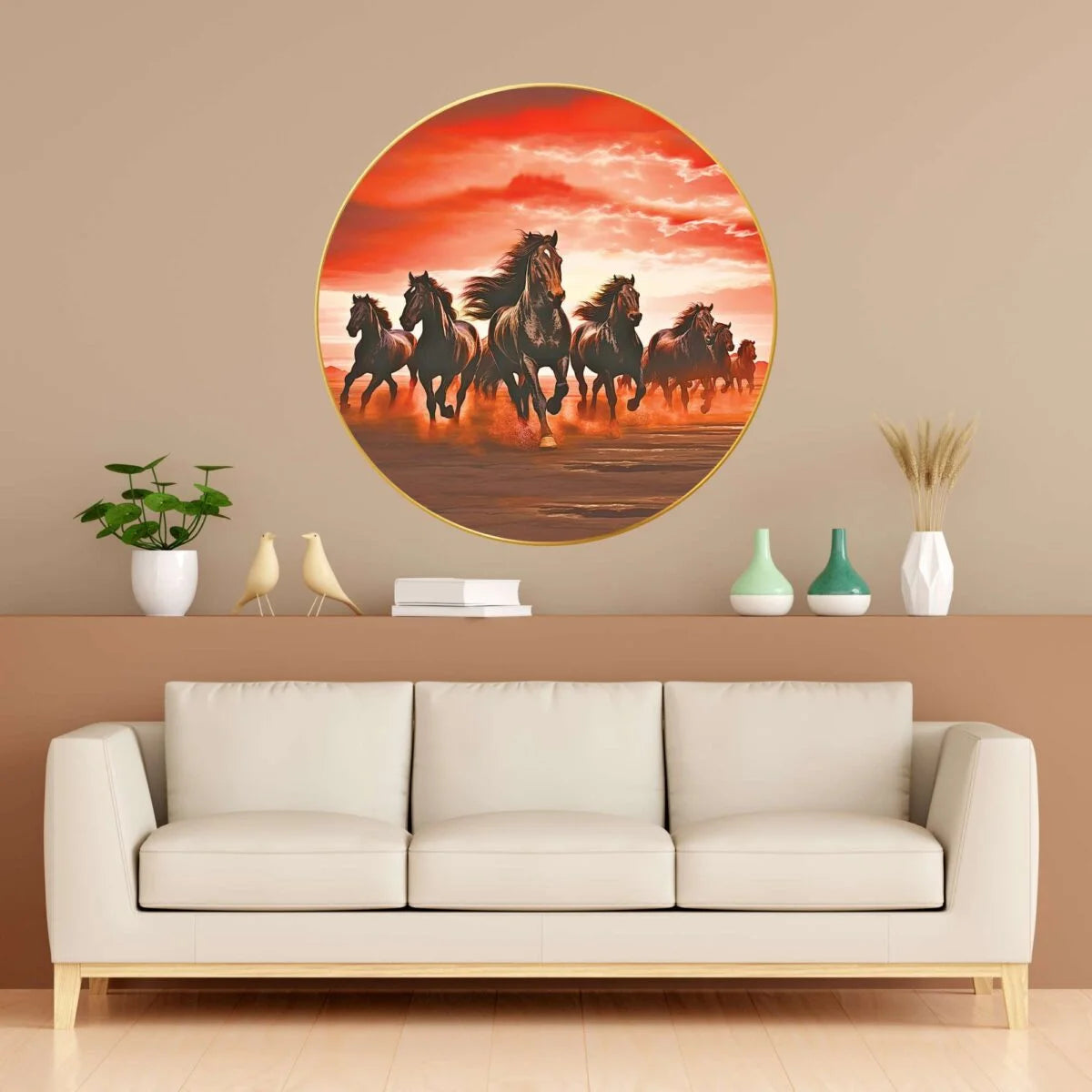 CH-RHS2 Crimson Charge: Seven Running Horses in Red Sky Wall Painting with Frame Sparkle Glossy Round Golden Framed Large Painting Office, Living Room, Bedroom, Home Decoration SWASTIK CREATIONS The Trend Point