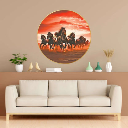 CH-RHS2 Crimson Charge: Seven Running Horses in Red Sky Wall Painting with Frame Sparkle Glossy Round Golden Framed Large Painting Office, Living Room, Bedroom, Home Decoration