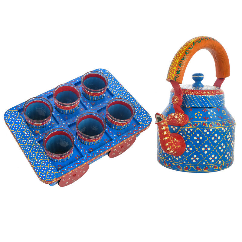 HandPainted Alluminium Tea Kettle with 6 Glasses and Wooden Tray For Home Décor , Tea Party , Serving (KT6-2) SWASTIK CREATIONS The Trend Point