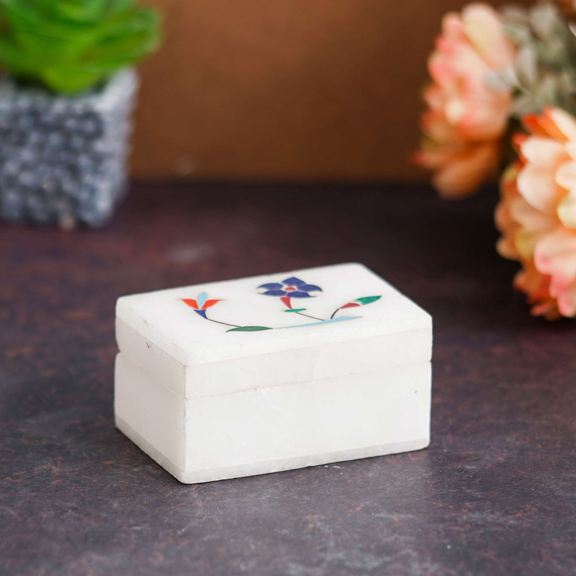 White Marble with floral inlay work Trinket Jewelry Box for Multi Purpose Use and Perfect Gifts for Women and Girls (NMB-RBX1)