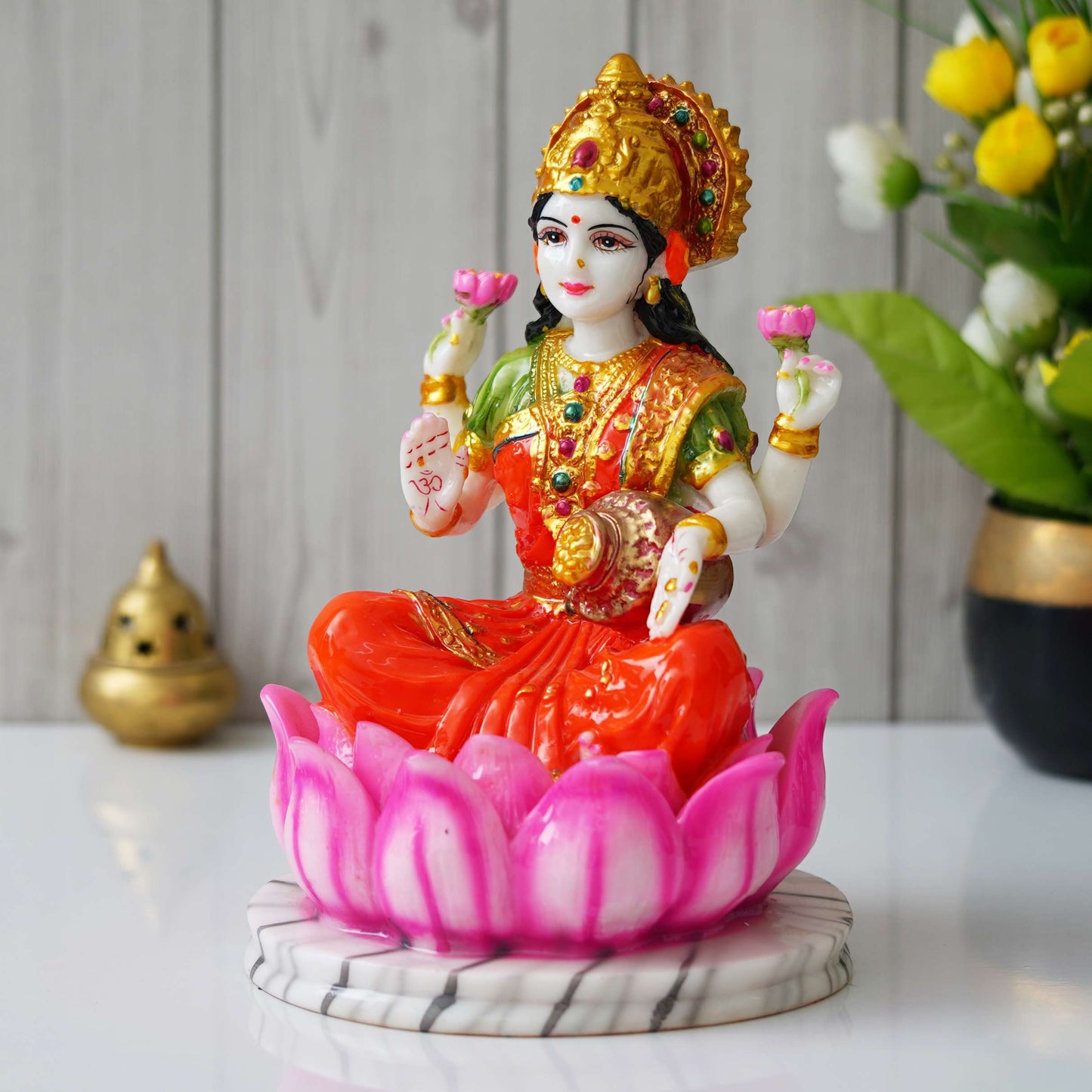 Hindu Goddess Lakshmi Statue Sitting on Lotus Flower (10.5 Inch) (ML-01) SWASTIK CREATIONS The Trend Point