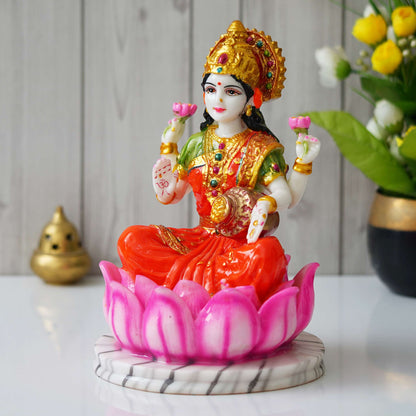 Hindu Goddess Lakshmi Statue Sitting on Lotus Flower (10.5 Inch) (ML-01)