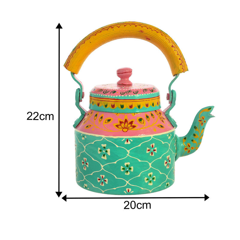 HandPainted Alluminium Tea Kettle with 6 Glasses and Wooden Tray For Home Décor , Tea Party , Serving (KT6-7)