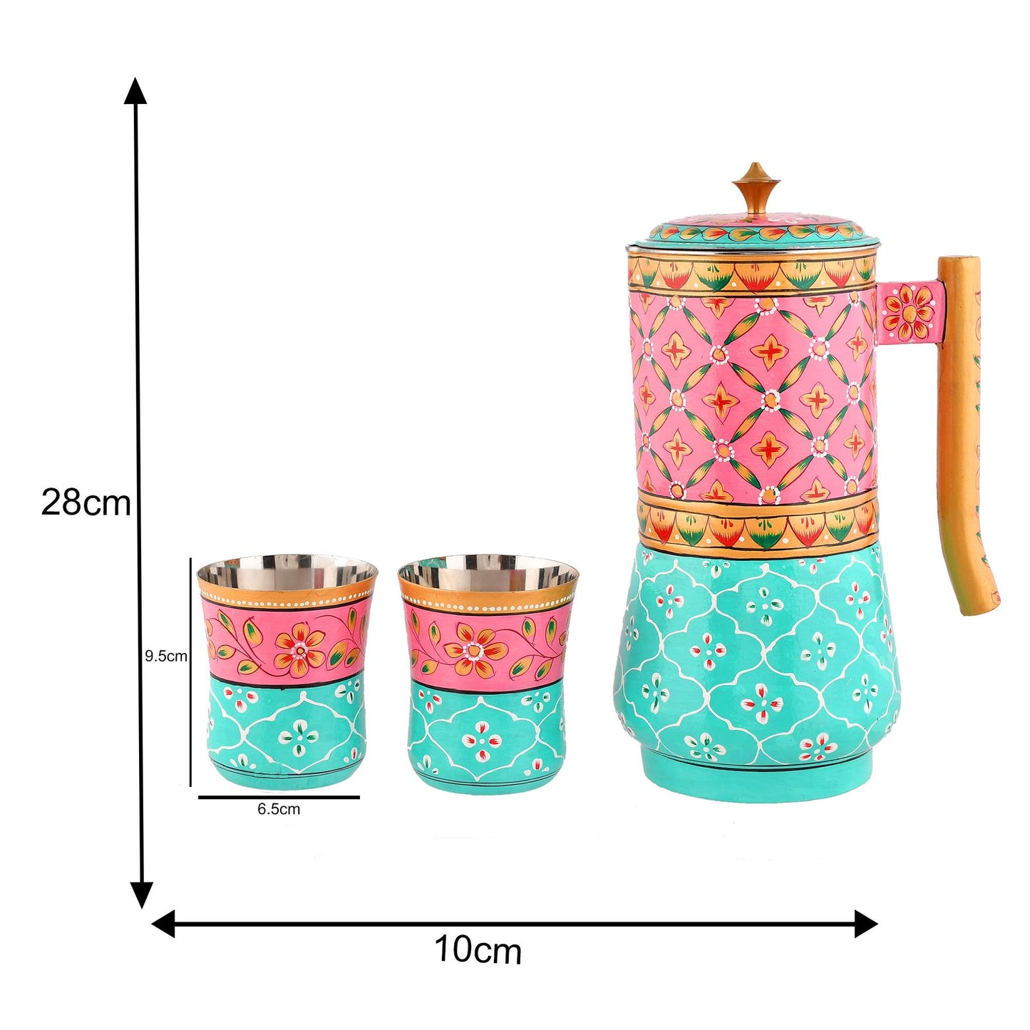 Aluminium Jug Set with 2 Glass Tumblers – 21 cm for kitchen décor ,Table Top , And Home Decoration (JG2-3) SWASTIK CREATIONS The Trend Point