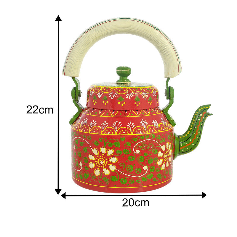 HandPainted Alluminium Tea Kettle with 6 Glasses and Wooden Tray For Home Décor , Tea Party , Serving (KT6-1) SWASTIK CREATIONS The Trend Point