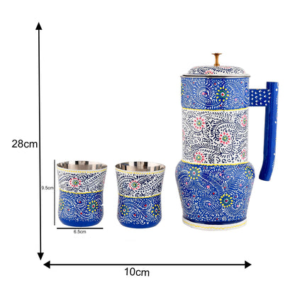 Aluminium Jug Set with 2 Glass Tumblers – 21 cm for kitchen décor ,Table Top , And Home Decoration (JG2-1)