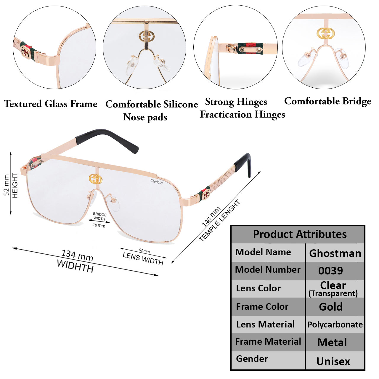 Clear(Transparent) Ghostman Square Sunglasses (SUN-CT-0039-CLR5GLD)