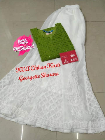 KCA2 Pure Cotton Chikan Kurti Georgette Sharara (14 variants)