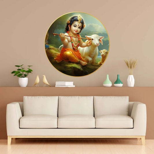 CH-RKR5 Krishna: The Divine Cowherd Wall Painting with Frame Sparkle Glossy Round Golden Framed Large Painting Office, Living Room, Bedroom, Home Decoration