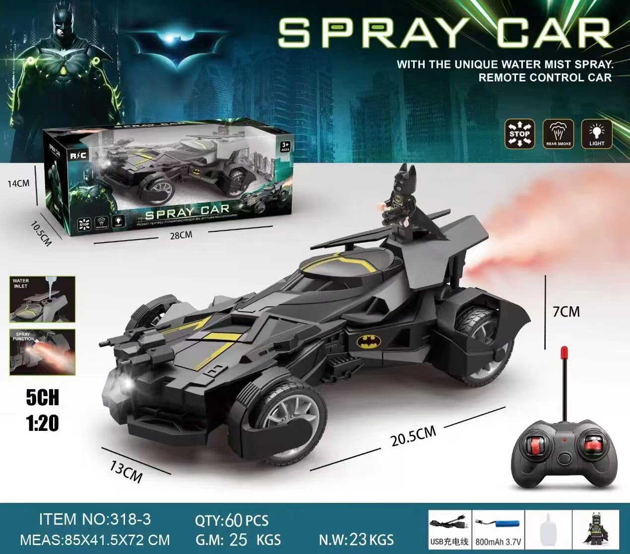 Battman Remote Control High Speed Black Mobile Remote Control Car with Smoke Effect for Kids Boys - Black