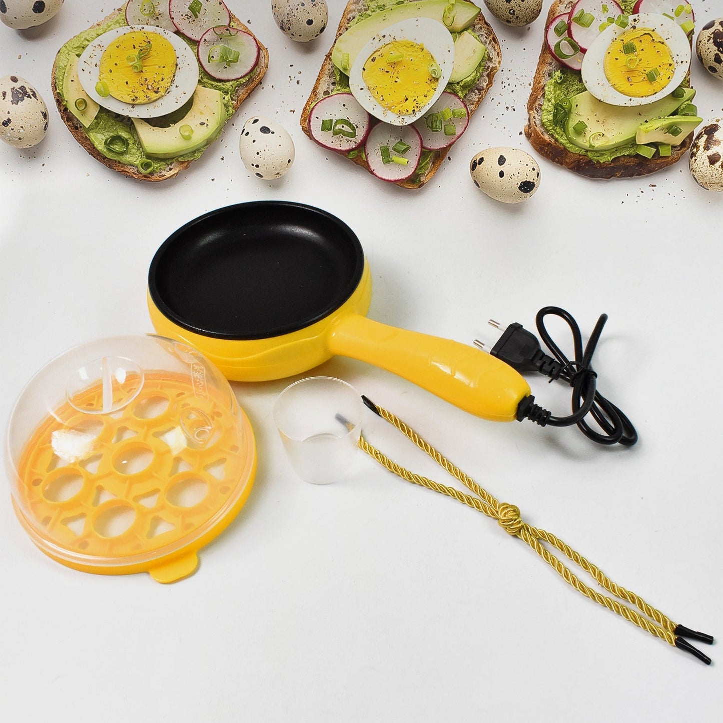 Multi functional Electric 2 in 1 Egg Frying Pan with Egg Boiler Machine Measuring Cup with Handle SWASTIK CREATIONS The Trend Point