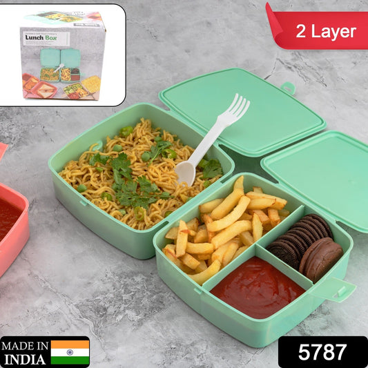 5787 Double-Layer Square Lunch Box with  Spoon , 4 Compartment Tiffin & Push Lock , Plastic Tiffin Box for Travelling, School Kids & Office Exclusive, Home - SWASTIK CREATIONS The Trend Point