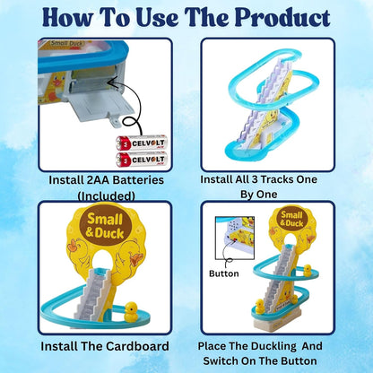 Ducks Slide Toy Set with 2 Cells Stair Climbing Duck Track Toy Light Musical 3 Duckling Moving Escalator Automatic Cartoon Chasing Race Gift Toys for 1+ Kids 1-5 Years Baby Girls Toddlers