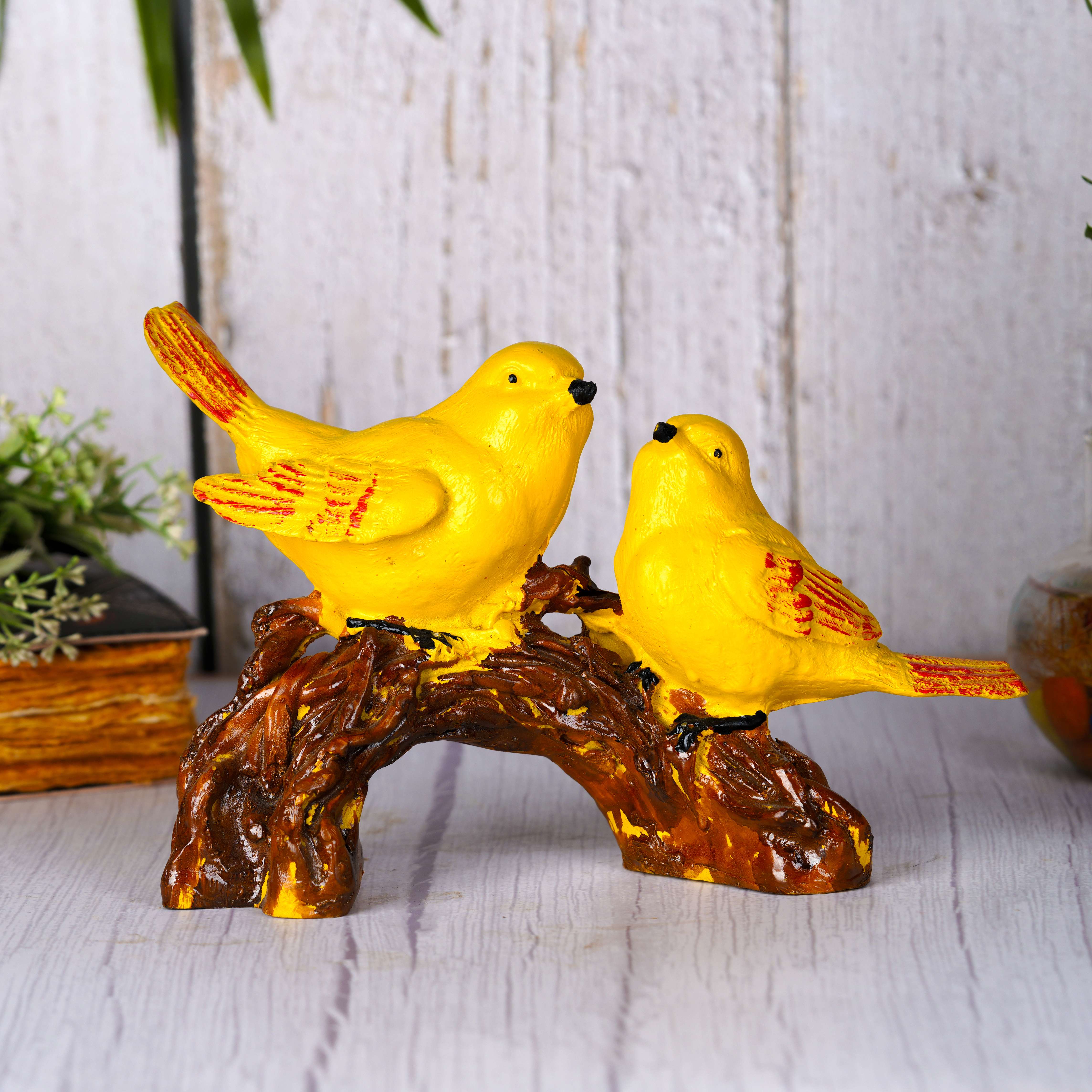 Swastik Creations Birds Sitting On Tree Branch Figurine Home Decoration Showpiece Chidiya Statue for Home Decor Item Sparrow Pair Showpiece (Yellow)