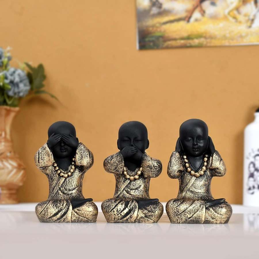 Swastik Trend Point Handcrafted Set of 3 Baby Monk Decorative Showpiece - (Polyresin, Gold, Black) 6cm*7cm*12cm