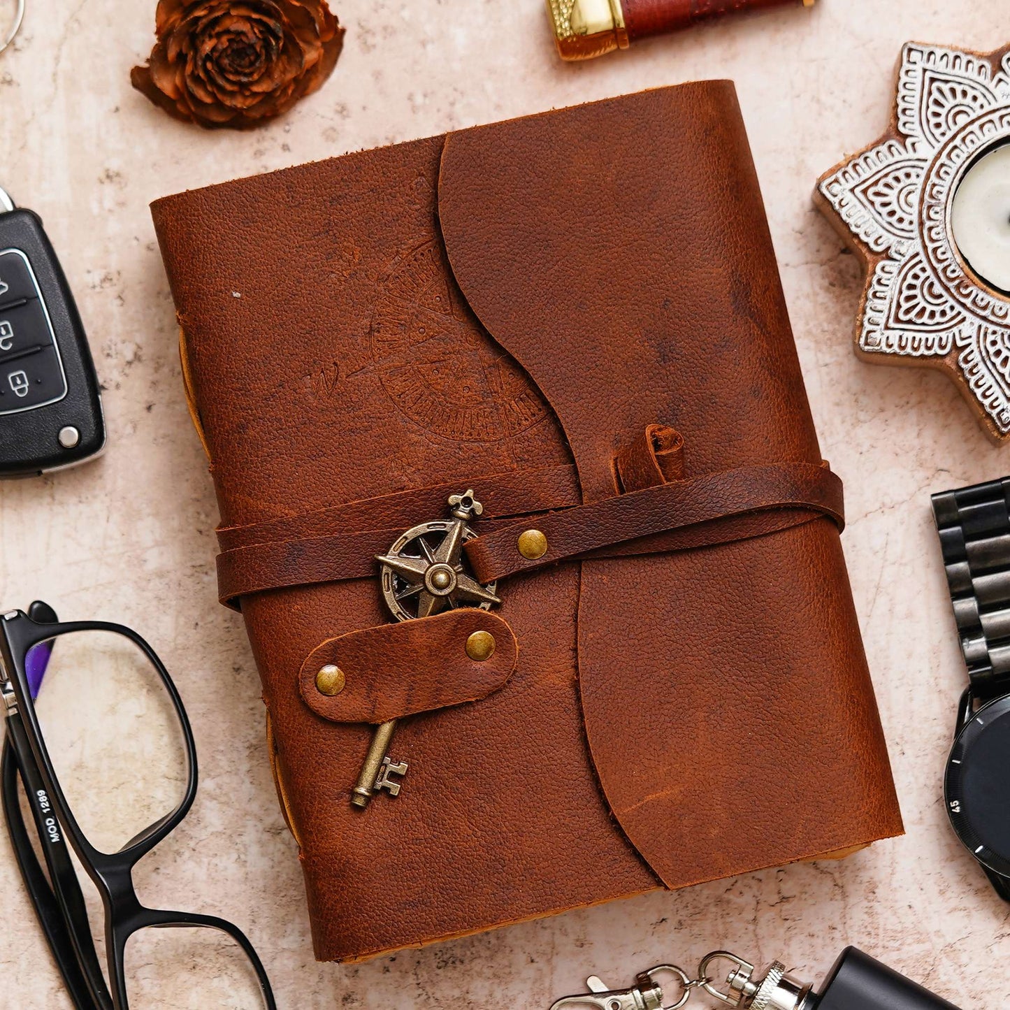 Swastik Trend Point Vintage Handmade Genuine Leather Journal | Premium Antique Key Design String Closure | 200 Handmade Brown Pages -1 SWASTIK CREATIONS The Trend Point