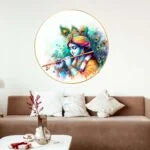 CH-RKR1 Krishna with Flute Wall Painting with Frame Sparkle Glossy Round Golden Framed Large Painting Office, Living Room, Bedroom, Home Decoration