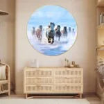 CH-RHS3 Seven Running Horses with Cool Sky Wall Painting with Frame Sparkle Glossy Round Golden Framed Large Painting Office, Living Room, Bedroom, Home Decoration SWASTIK CREATIONS The Trend Point