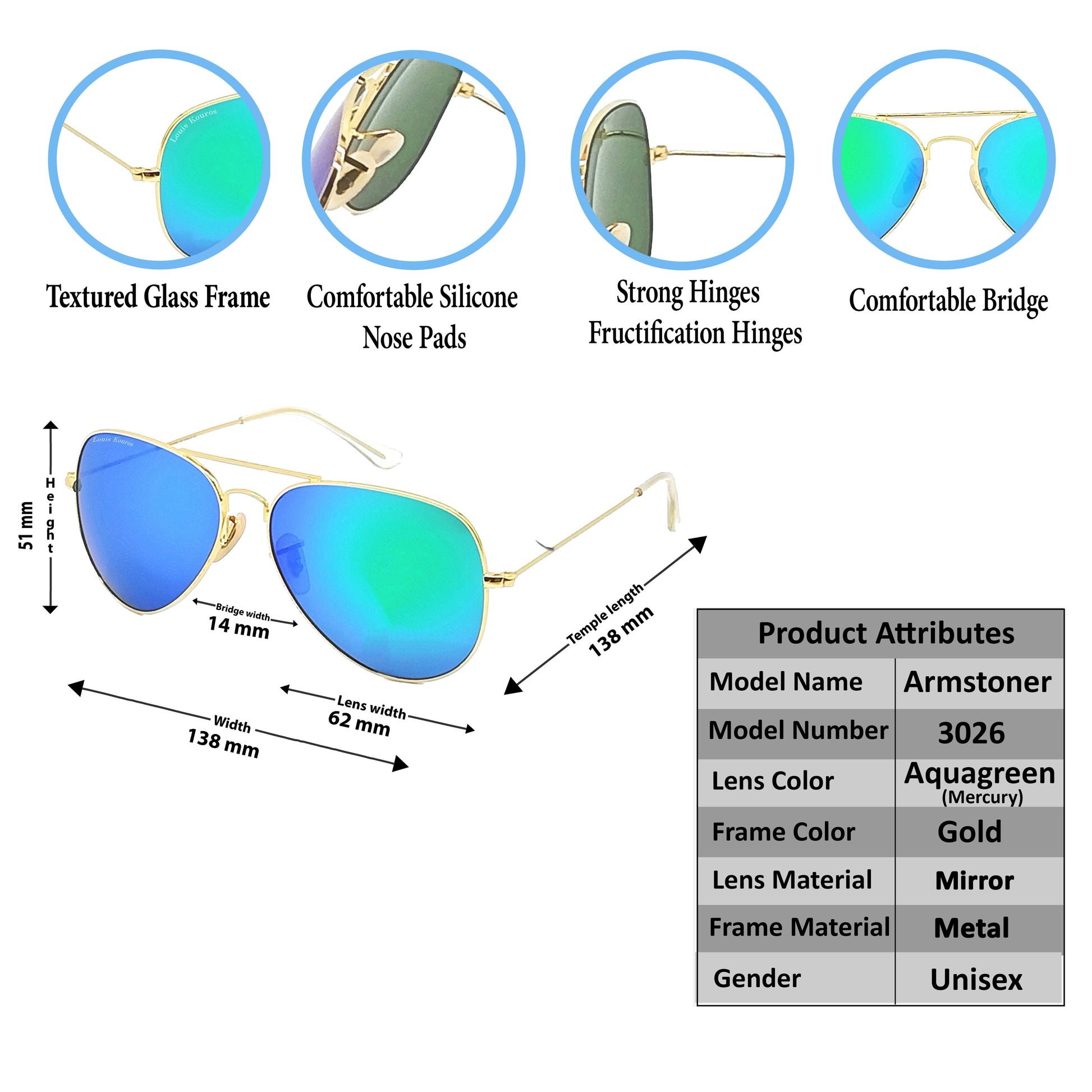 Green Armstoner Aviator Premium Sunglasses (SUN-LK-3026-AQG3GLD-M)