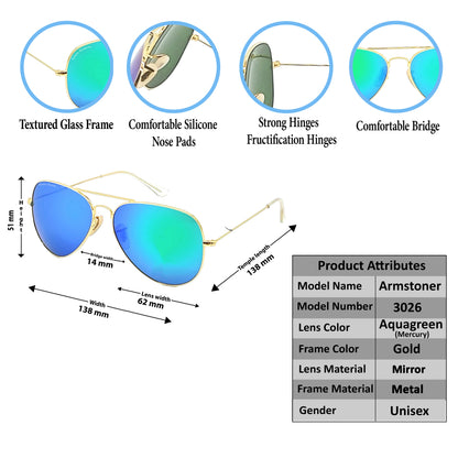 Green Armstoner Aviator Sunglasses (SUN-LK-3026-AQG3GLD-M) - SWASTIK CREATIONS The Trend Point