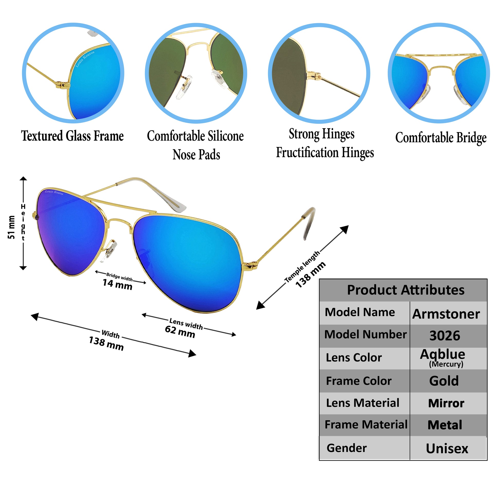 Blue Armstoner Aviator Sunglasses (SUN-LK-3026-AQB3GLD-M)