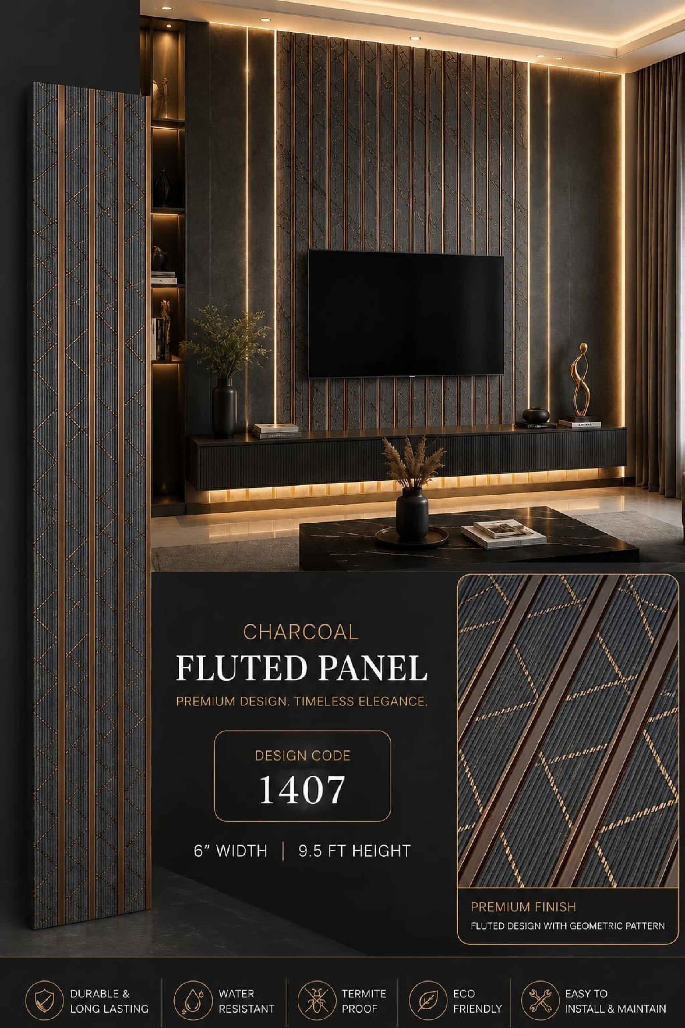 Code 1407 - Premium Charcoal Fluted Louver Panels (1 box of 16pcs) (Min 10 box order)