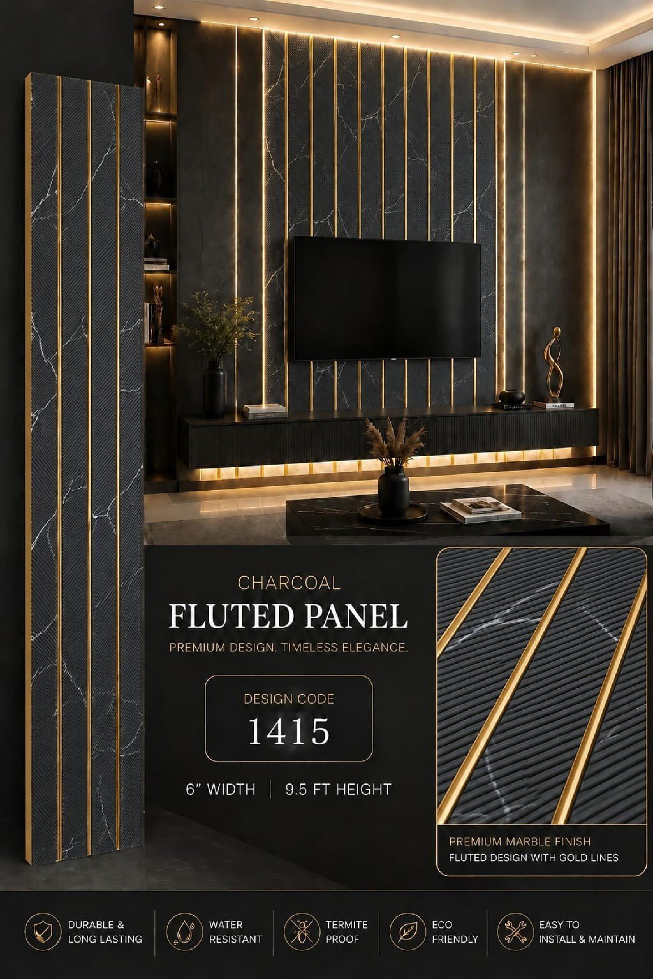 Code 1415 - Premium Charcoal Fluted Louver Panels (1 box of 16pcs) (Min 10 box order)