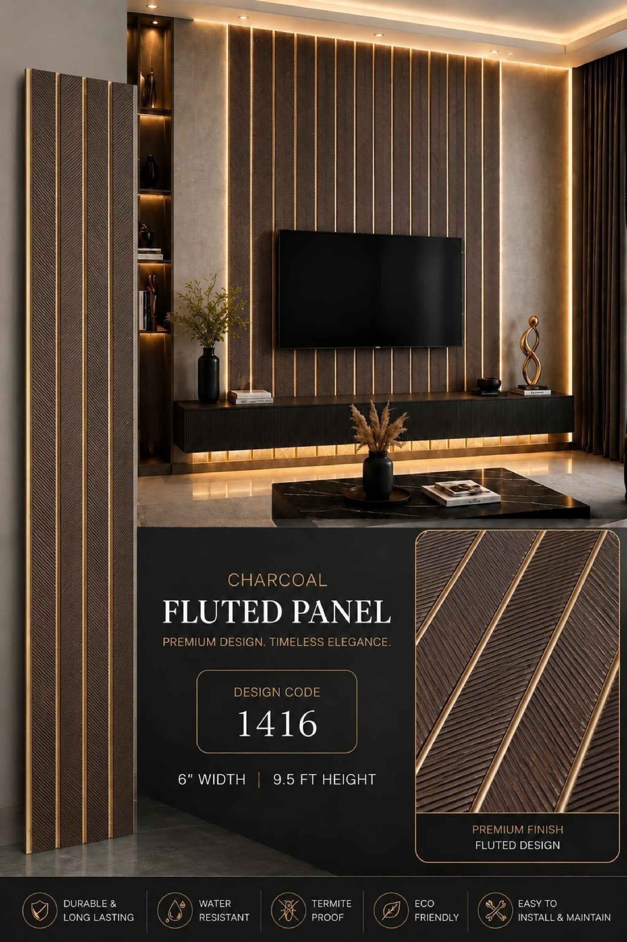Code 1416 - Premium Charcoal Fluted Louver Panels (1 box of 16pcs) (Min 10 box order)