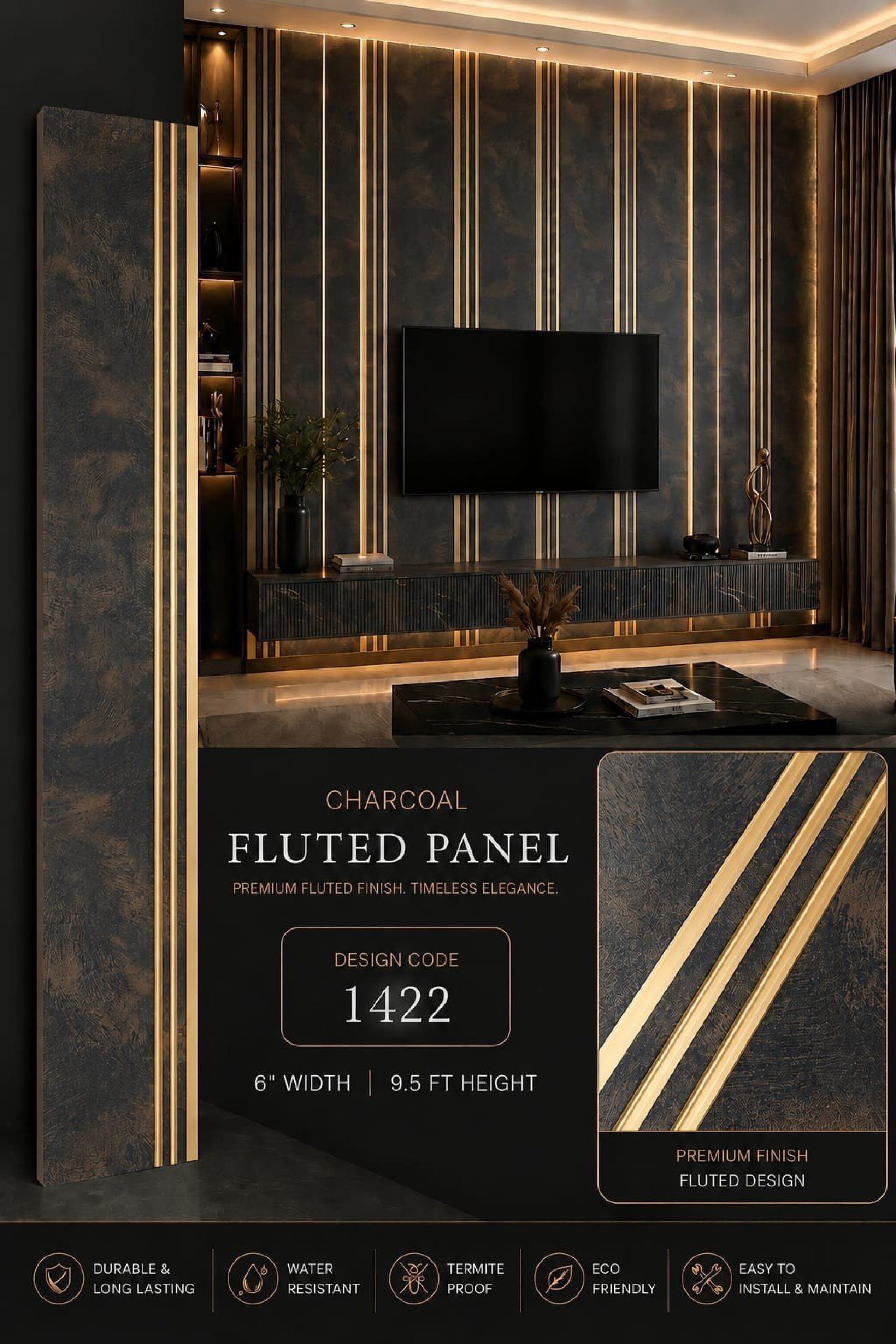 Code 1422 - Premium Charcoal Fluted Louver Panels (1 box of 16pcs) (Min 10 box order)