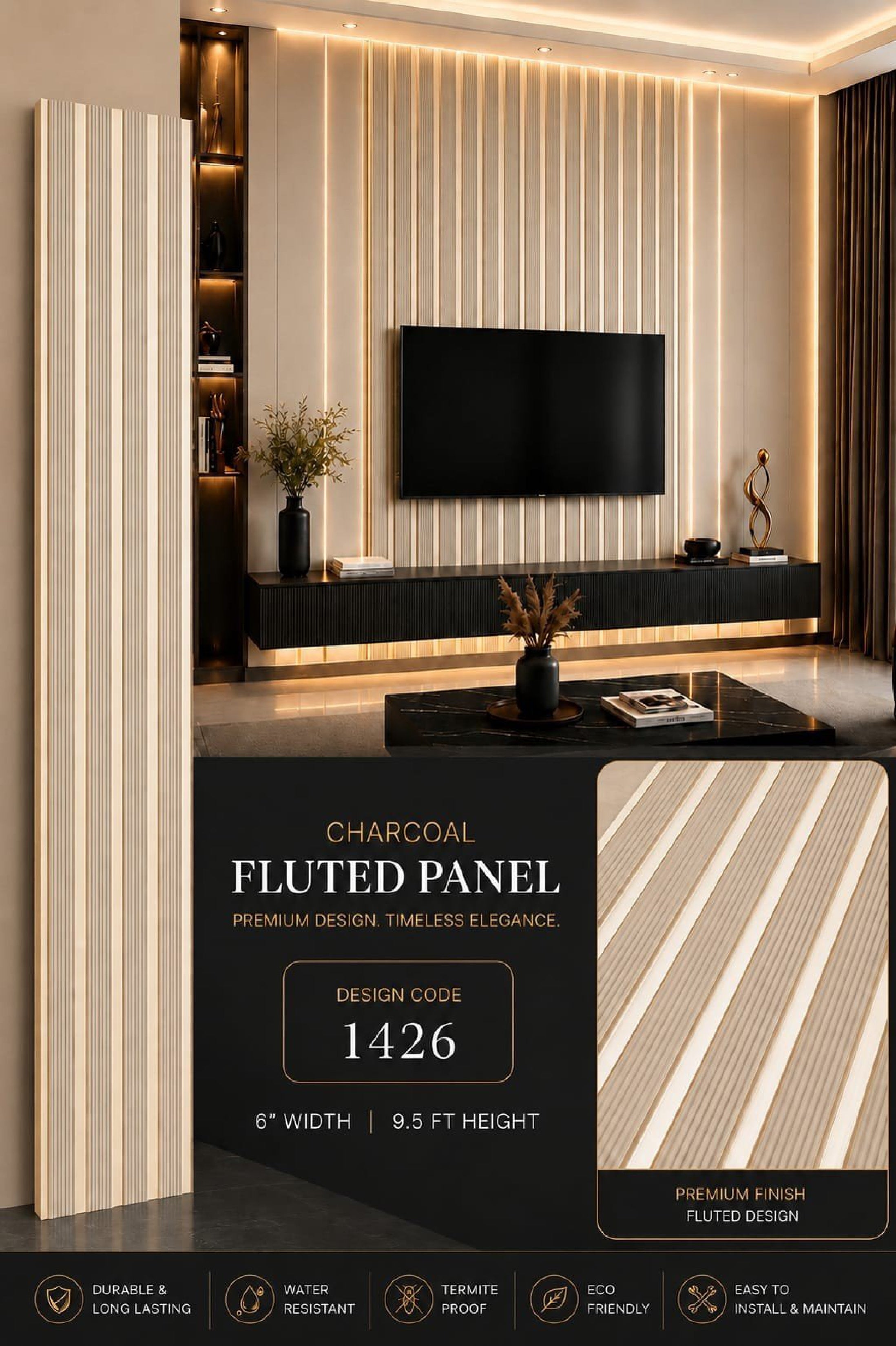 Code 1426 - Premium Charcoal Fluted Louver Panels (1 box of 16pcs) (Min 10 box order)