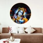 CH-RKR6 The Flute of Eternity: Lord Krishna's Melodies Wall Painting with Sparkle Glossy Round Golden Frame Painting for Office, Living Room, Bedroom, Home Decoration