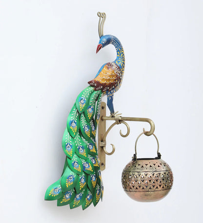 Decorative Peacock Multicolour Iron Wall Hanging Tea Light Holder - SWASTIK CREATIONS The Trend Point