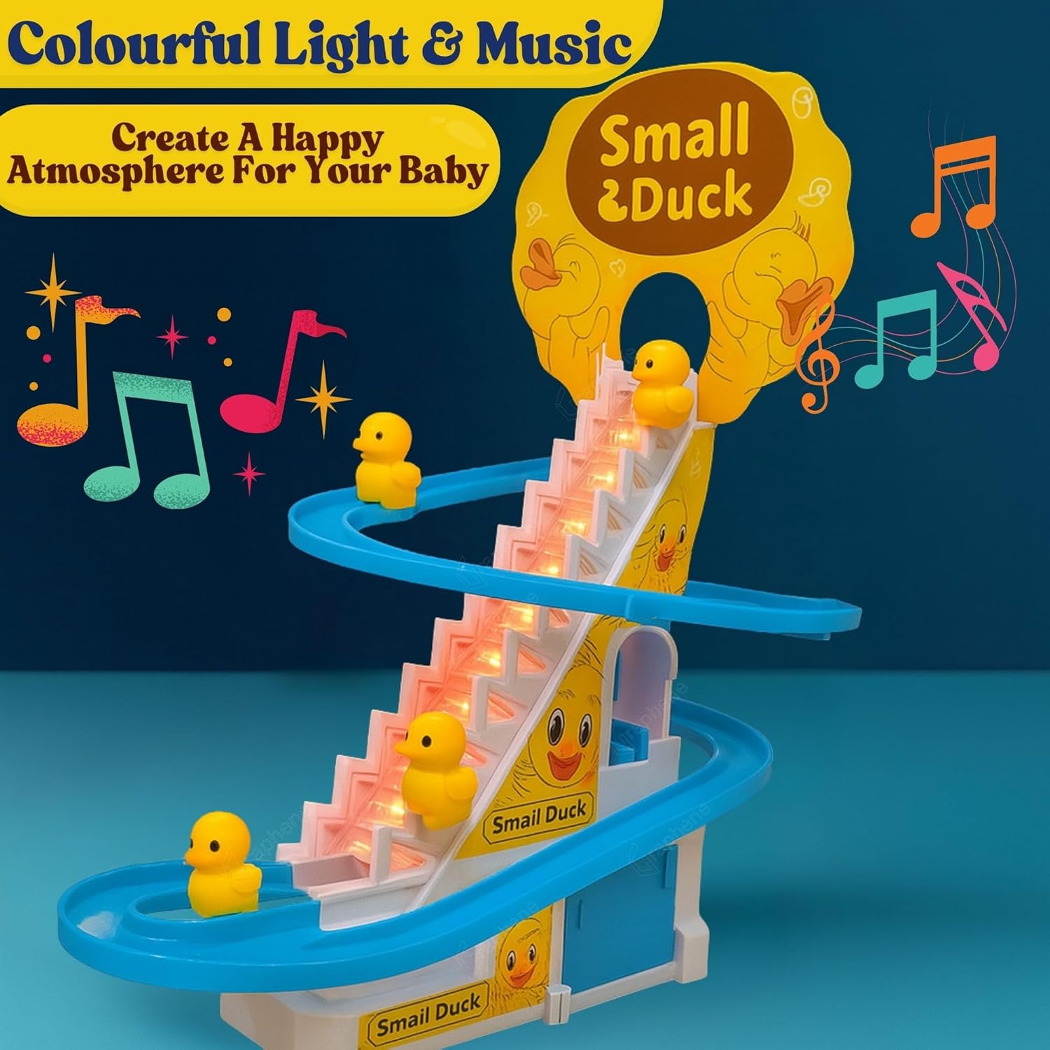 Ducks Slide Toy Set with 2 Cells Stair Climbing Duck Track Toy Light Musical 3 Duckling Moving Escalator Automatic Cartoon Chasing Race Gift Toys for 1+ Kids 1-5 Years Baby Girls Toddlers - SWASTIK CREATIONS The Trend Point
