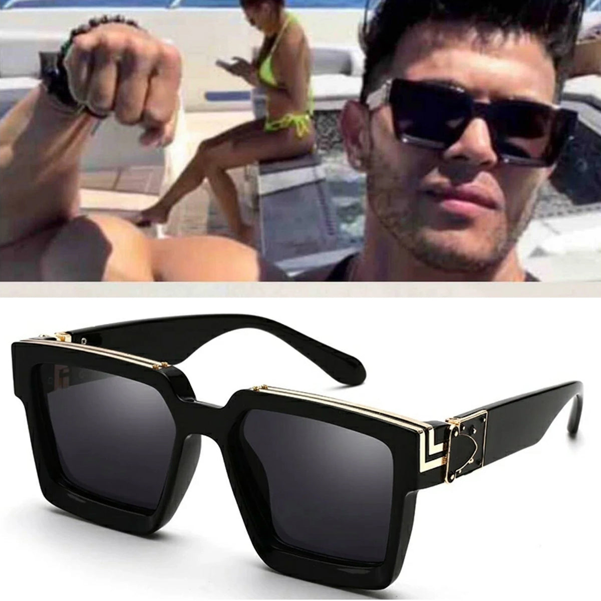 Black ASTROINER Square Sunglasses (SUN-LV-96006-BLK1GLD-BLK) SWASTIK CREATIONS The Trend Point