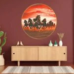 CH-RHS2 Crimson Charge: Seven Running Horses in Red Sky Wall Painting with Frame Sparkle Glossy Round Golden Framed Large Painting Office, Living Room, Bedroom, Home Decoration SWASTIK CREATIONS The Trend Point