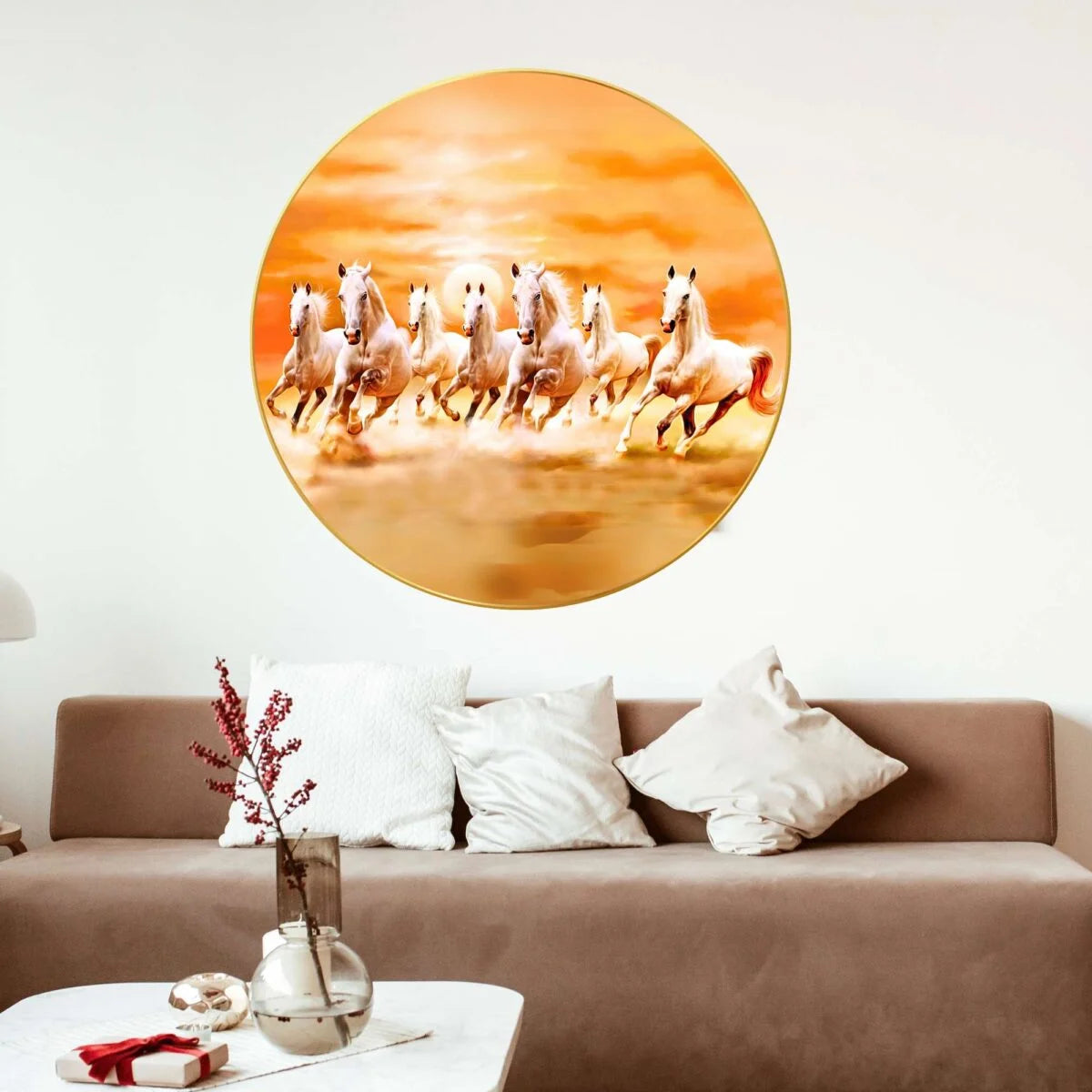 CH-RHS1 Golden Seven Running Horses Wall Painting with Sparkle Glossy Round Golden Framed Large Painting Office, Living Room, Bedroom, Home Decoration SWASTIK CREATIONS The Trend Point