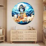 CH-RKR15 Lord Krishna: The Eternal Shepherd Painting with Frame Sparkle Glossy Round Golden Framed Large Painting Office, Living Room, Bedroom, Home Decoration SWASTIK CREATIONS The Trend Point