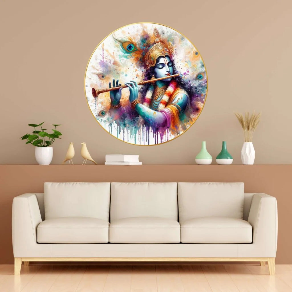 CH-RKR7 Krishna Wall Painting with Frame Sparkle Glossy Round Golden Framed Large Painting Office, Living Room, Bedroom, Home Decoration SWASTIK CREATIONS The Trend Point